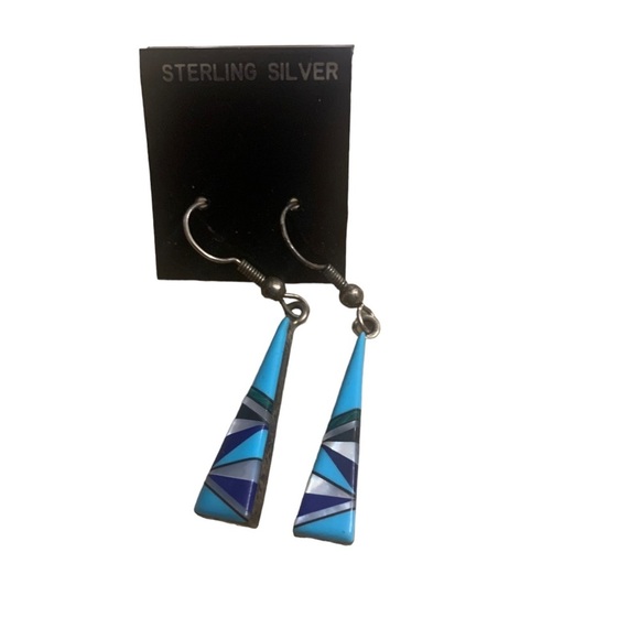 Earrings | Sterling Silver Triangle Design Ocean Blue Purple White New - Picture 2 of 5